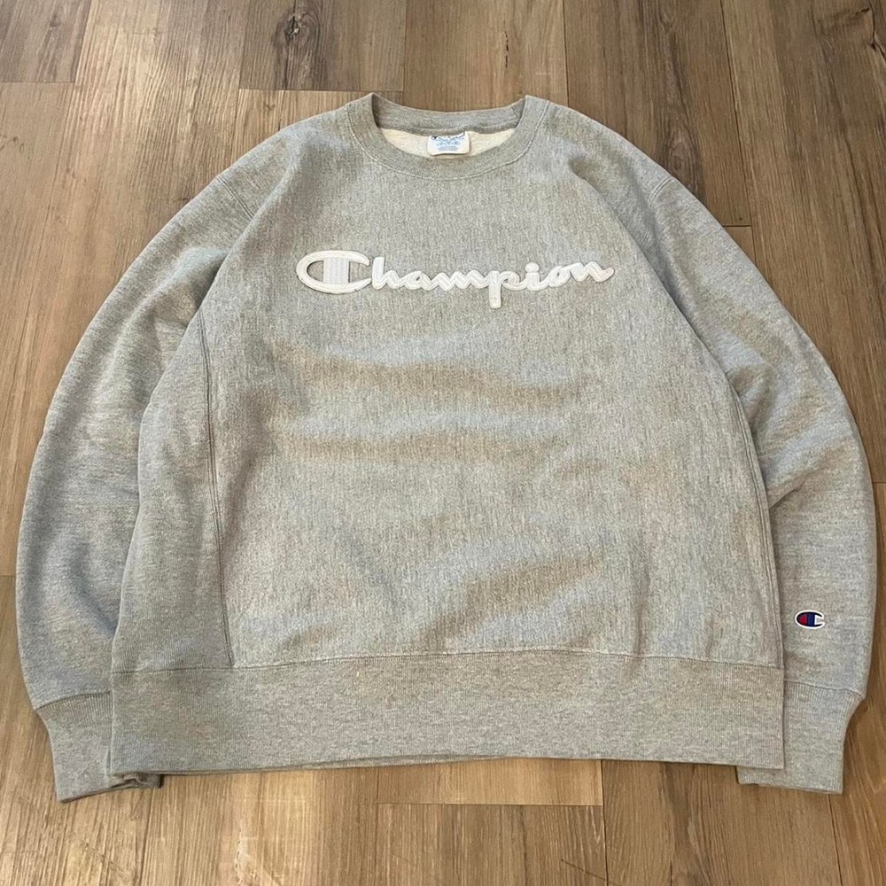 Vintage Champion Reverse Weave Crewneck Sweatshirt Gray White Script Logo Large